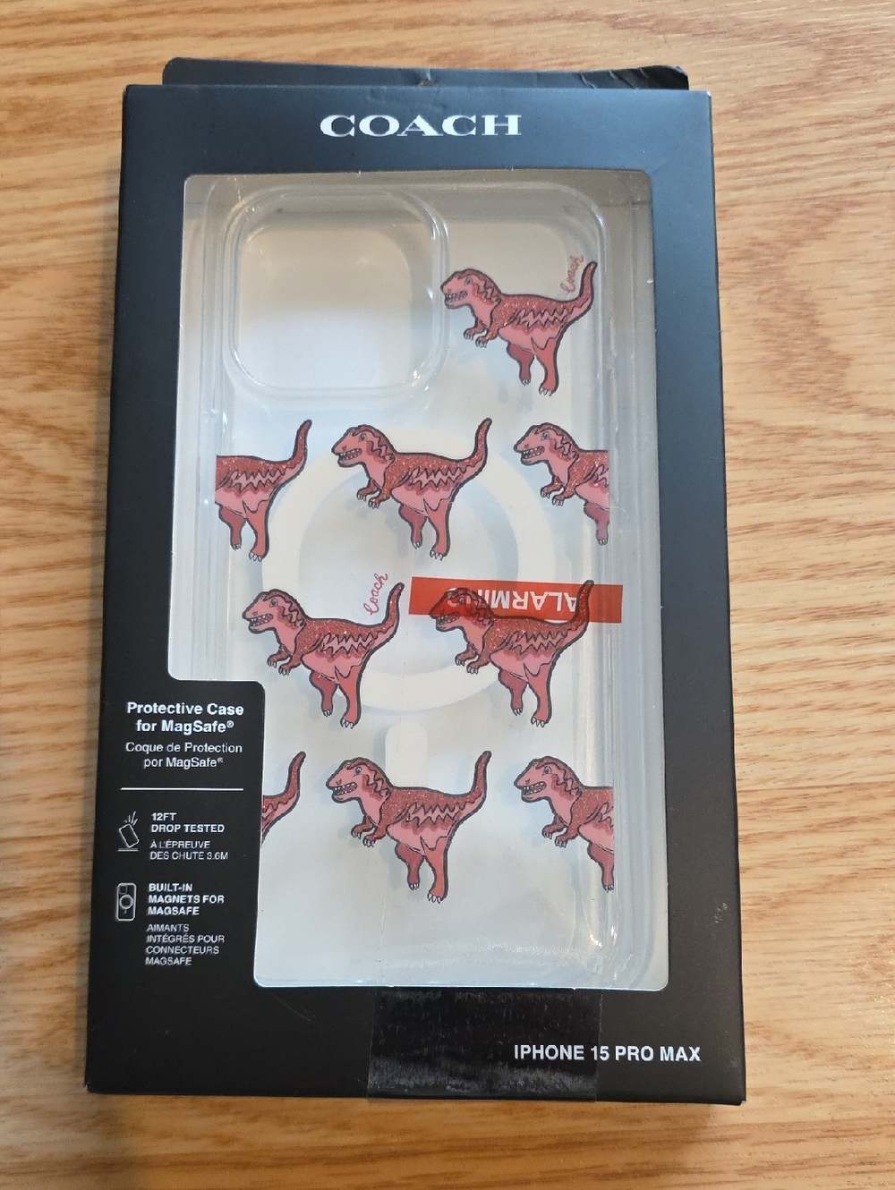 Coach Clear MagSafe iPhone Case with Pink Dinosaur Print